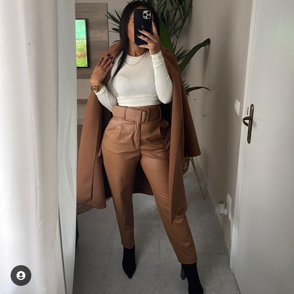 Zara Belted Faux Leather Pants Brown